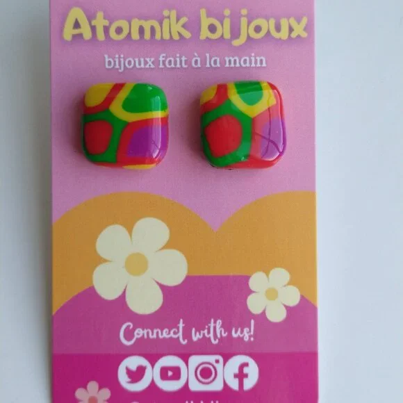 Handmade multi-color polymer clay earrings. Boucles d'oreilles fait à la main - Picture 3 of 7